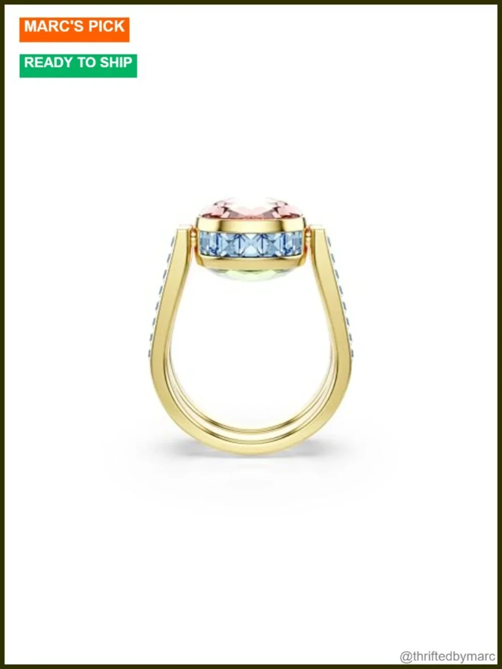 Swarovski Chroma Twist Ring Cushion Cut ReCreated Crystals Gold Tone